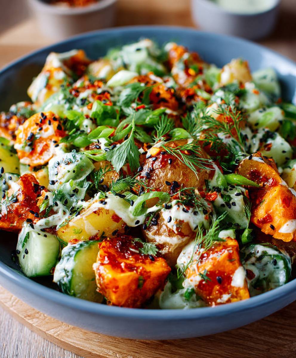 Süßkartoffel Gurkensalat Miso Dressing