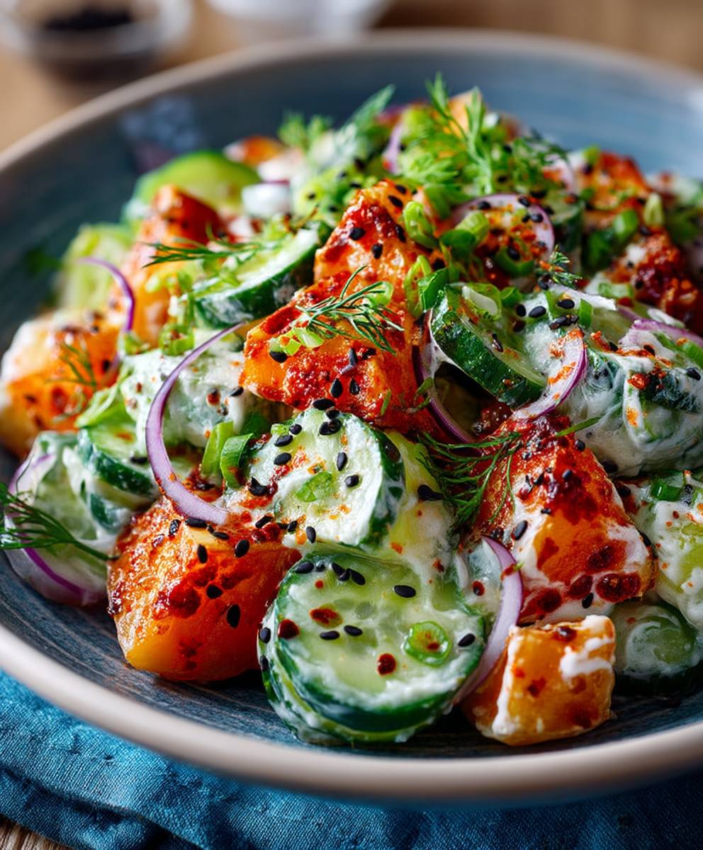 Süßkartoffel Gurkensalat Miso Dressing