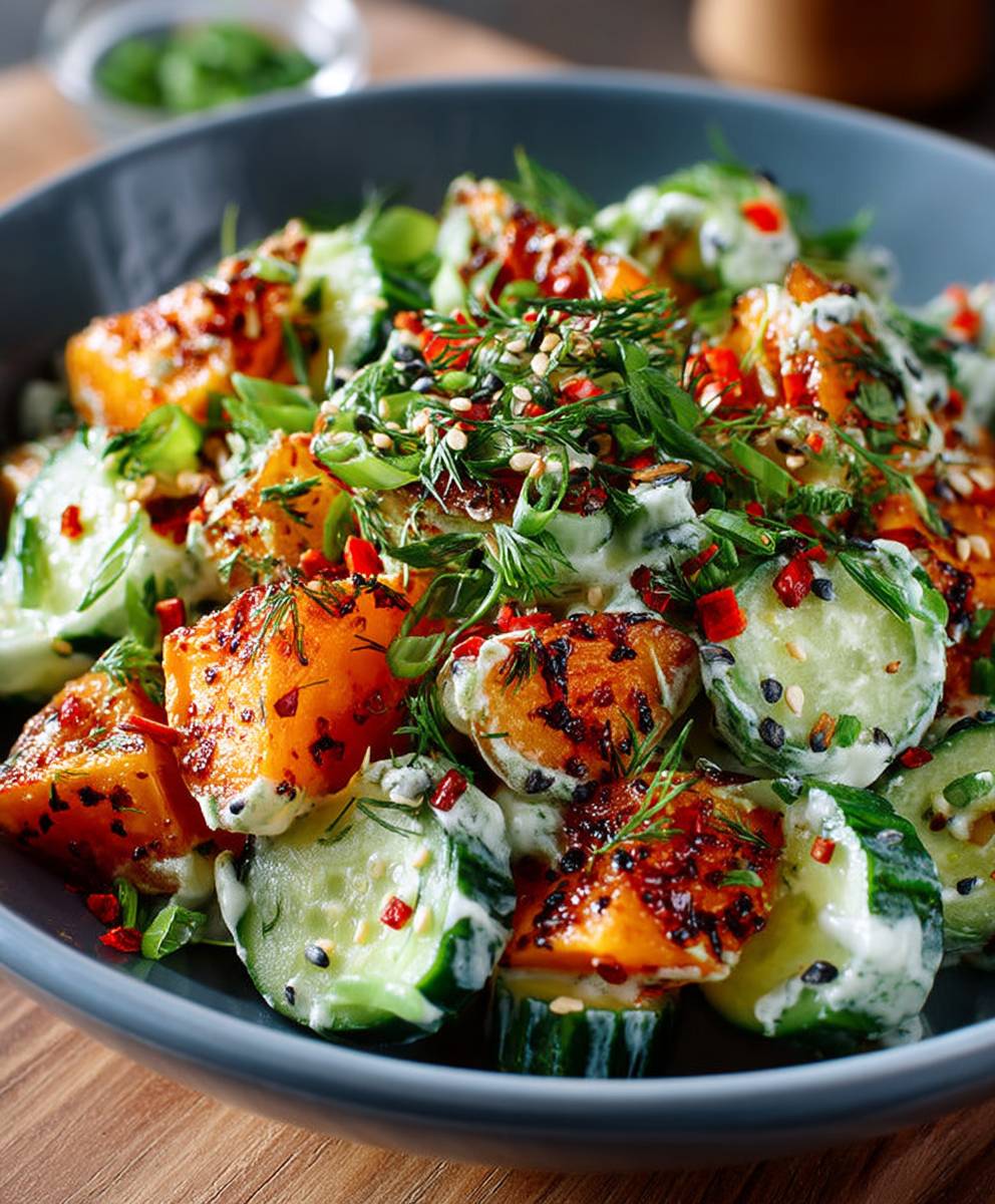 Süßkartoffel Gurkensalat Miso Dressing