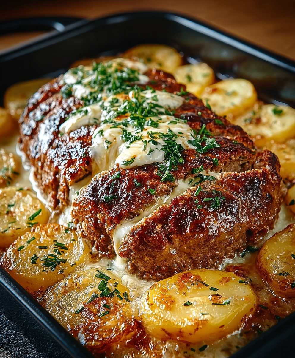 Hackbraten mit Kartoffeln in Sahne