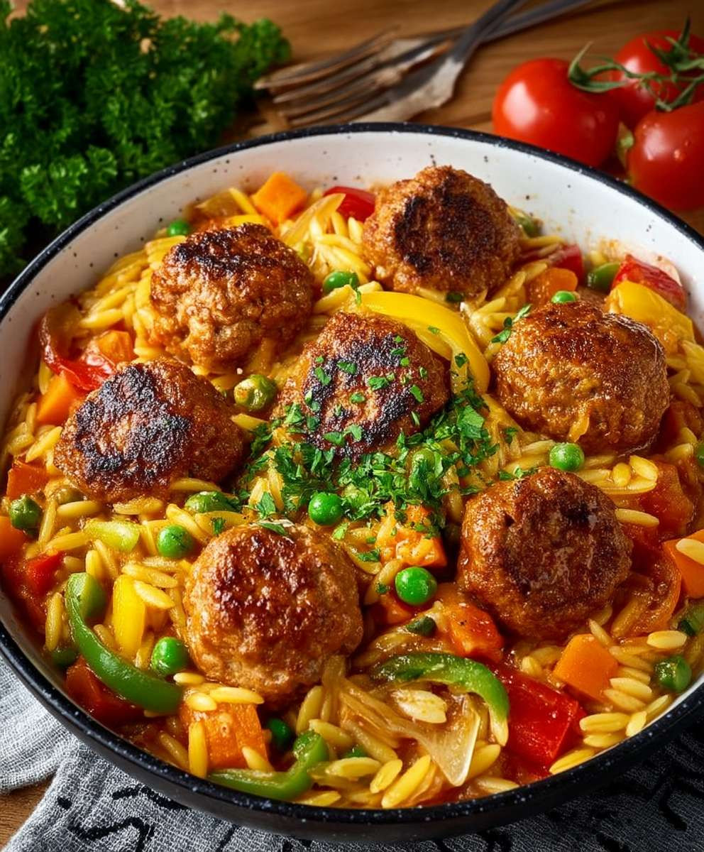 Orzo Pfanne mit Hackbällchen