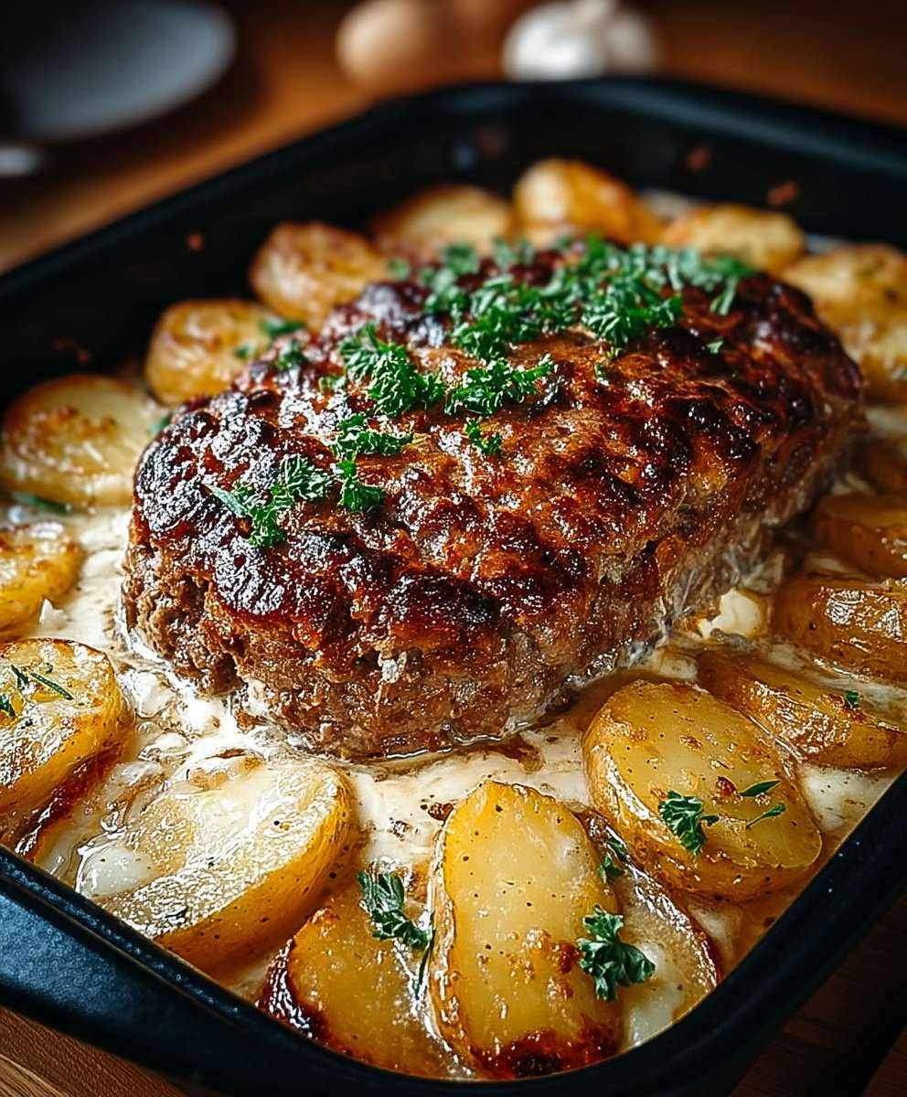 Hackbraten mit Kartoffeln in Sahne