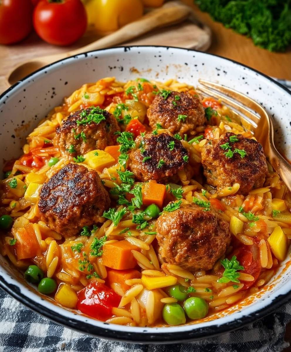 Orzo Pfanne mit Hackbällchen
