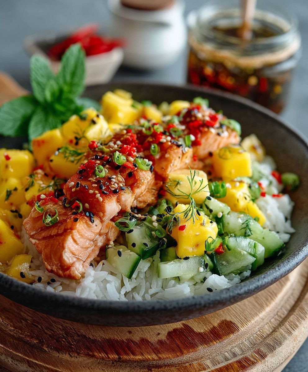 Reissalat mit Lachs Mango