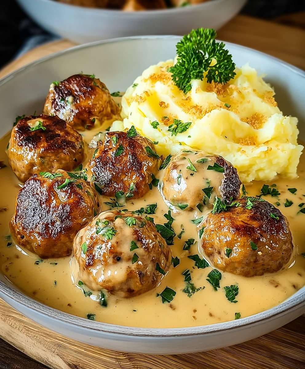 Hackbällchen cremiger Sauce Kartoffelpüree
