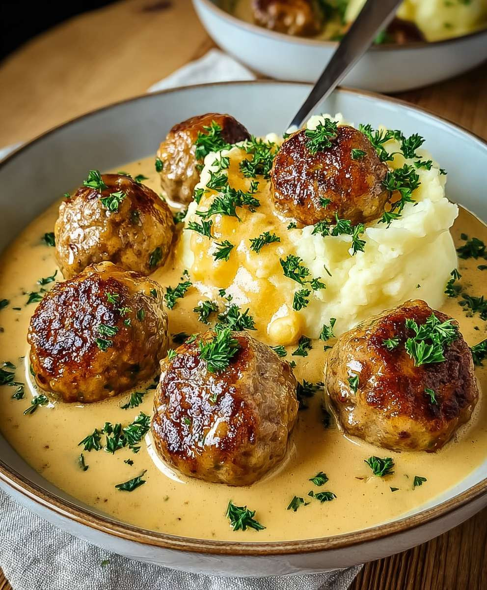 Hackbällchen cremiger Sauce Kartoffelpüree