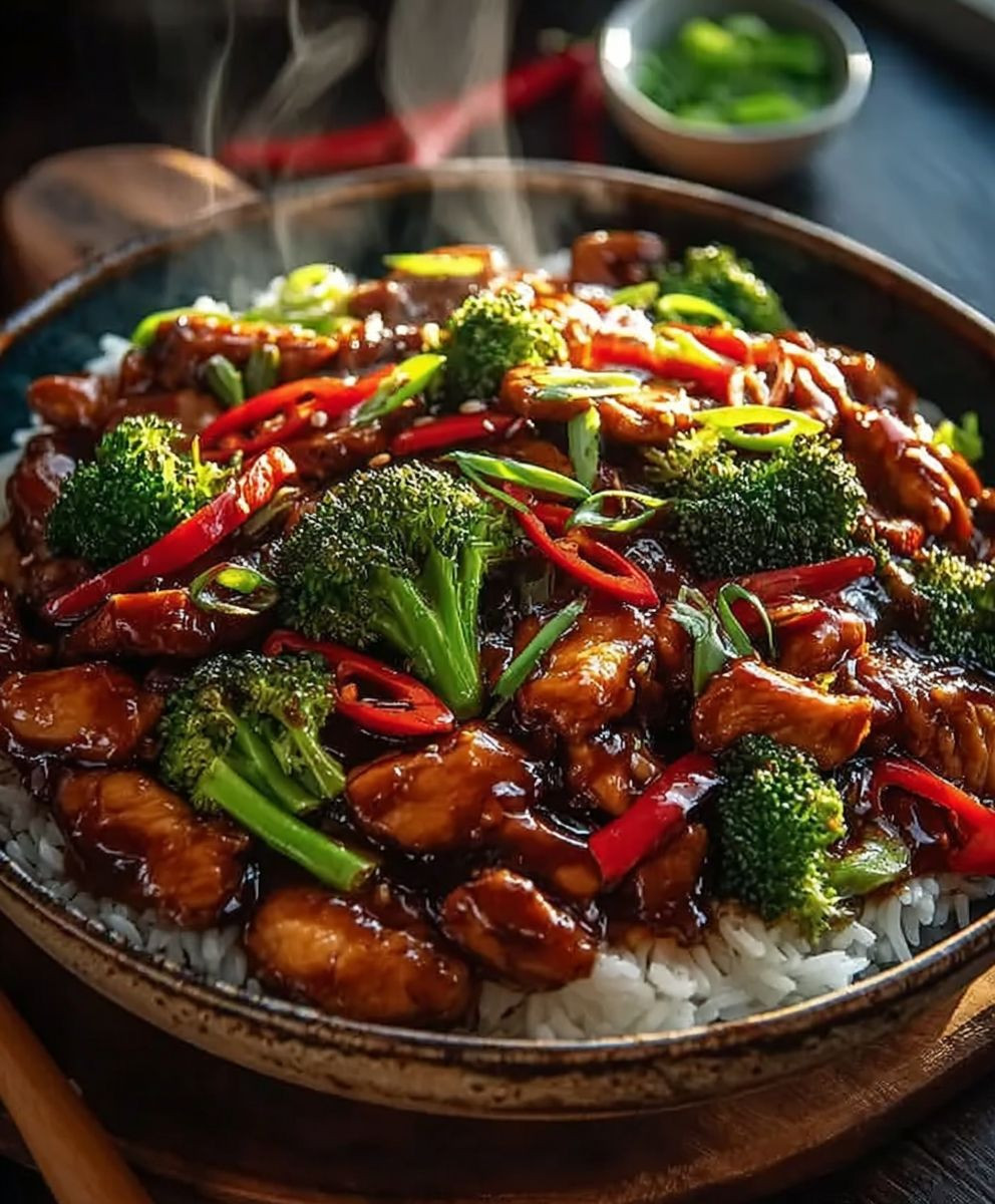 Chinesische Hähnchenpfanne mit Reis