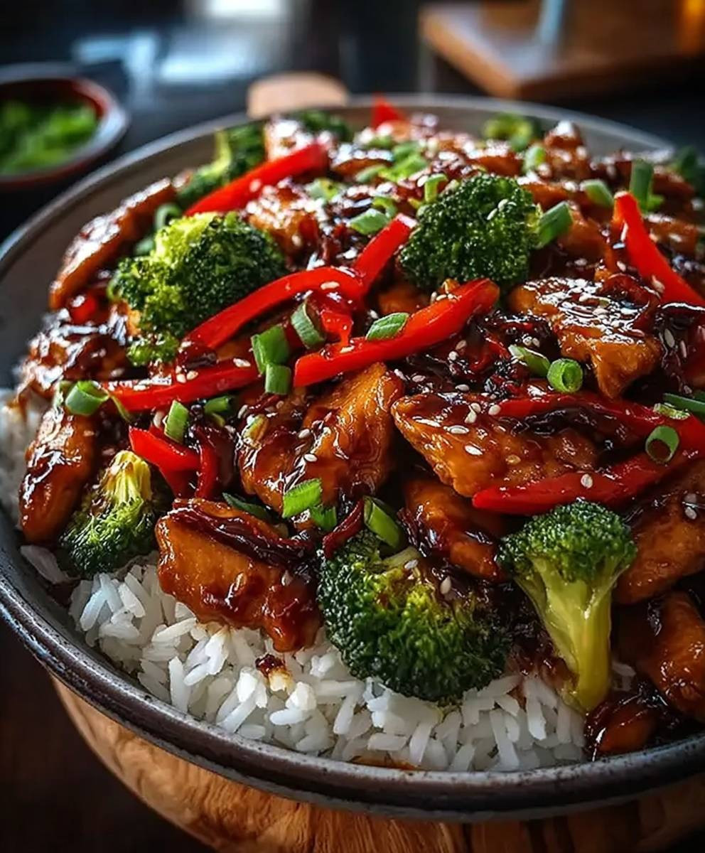 Chinesische Hähnchenpfanne mit Reis