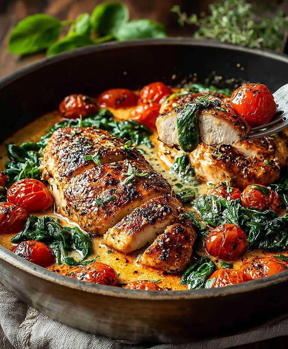 Toskanische Hähnchenpfanne mit Spinat