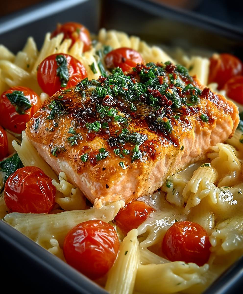 Ofen Lachs Pasta Tomaten