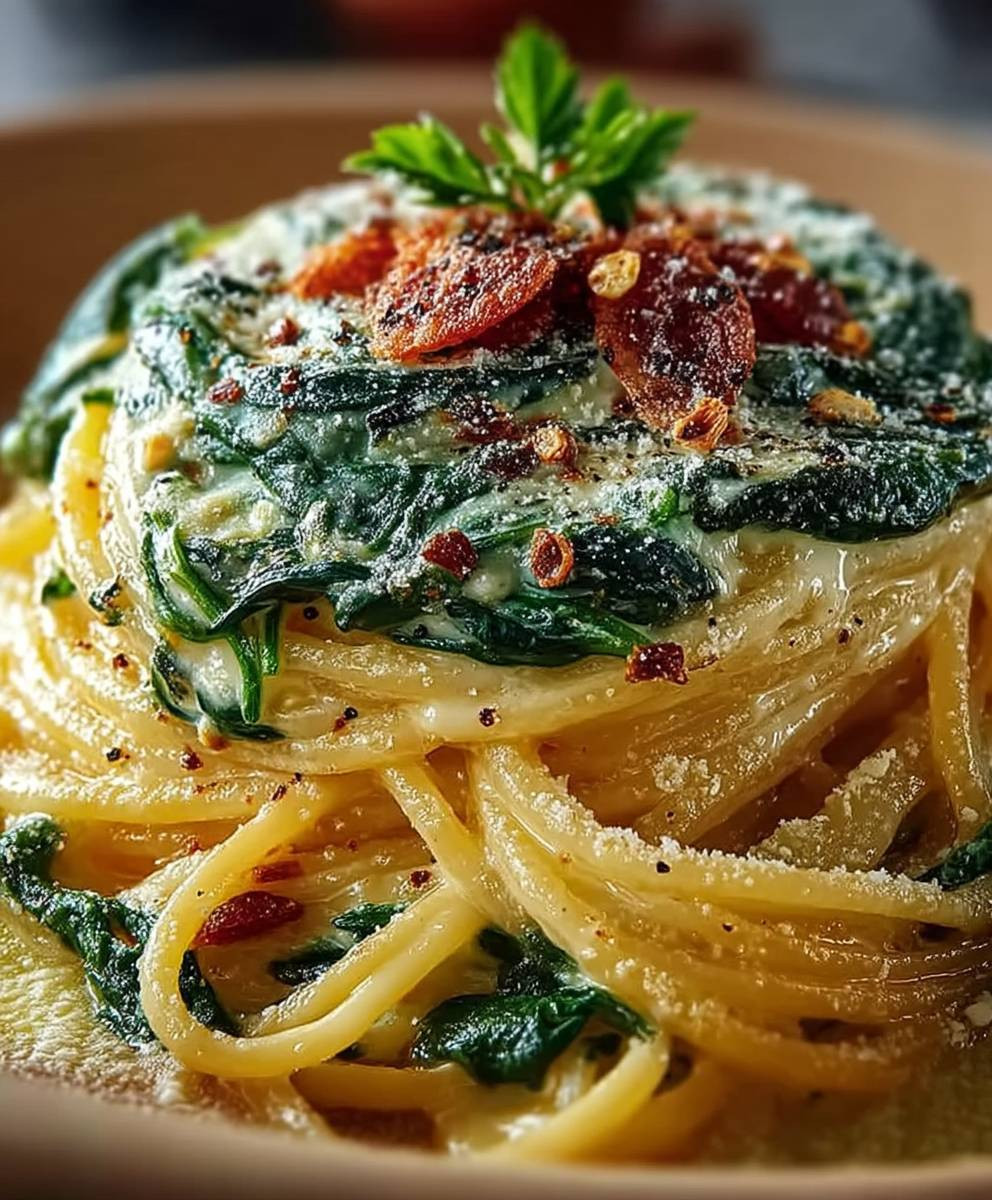 Spaghetti Spinat Frischkäse Sauce