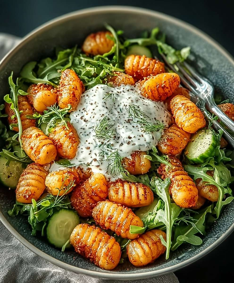 Knuspriger Gnocchi Salat mit Joghurt