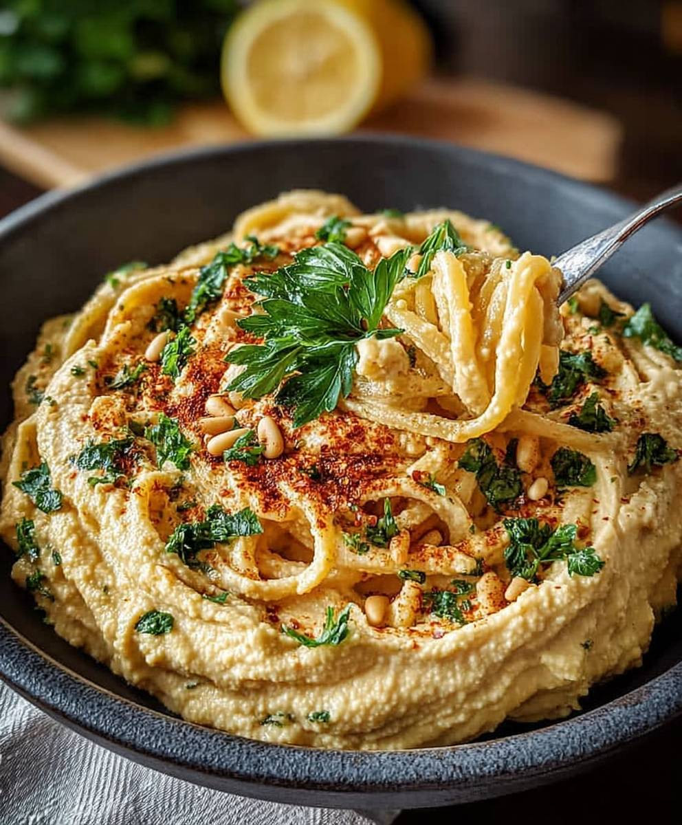 Zitronige Hummus Pasta einfach zubereiten