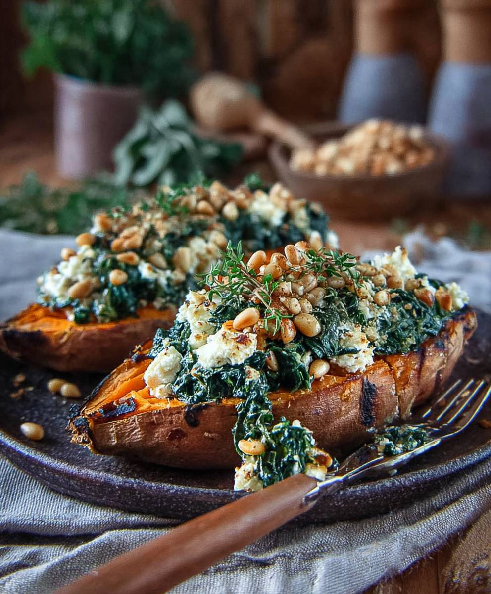 Gefüllte Süßkartoffel Feta Spinat