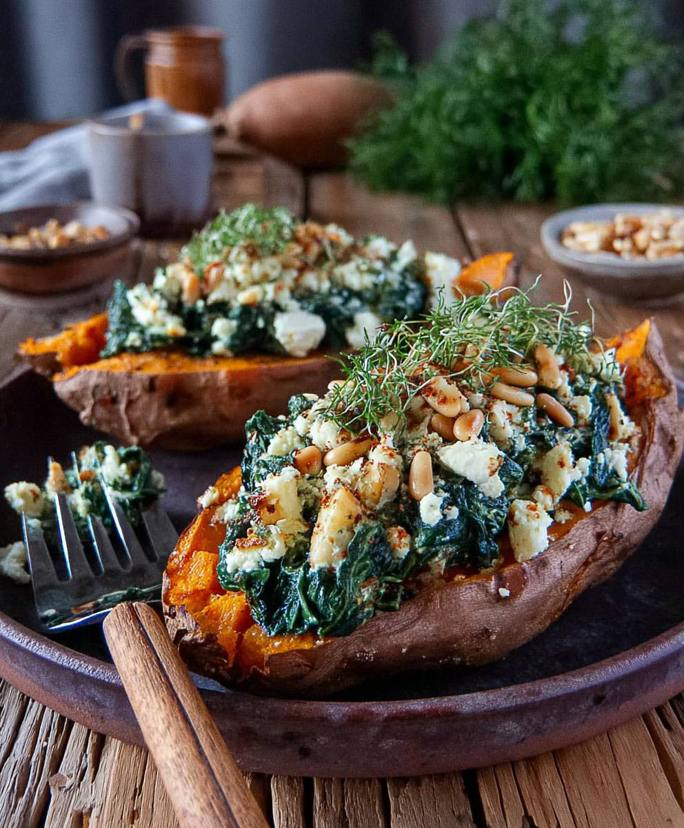Gefüllte Süßkartoffel Feta Spinat