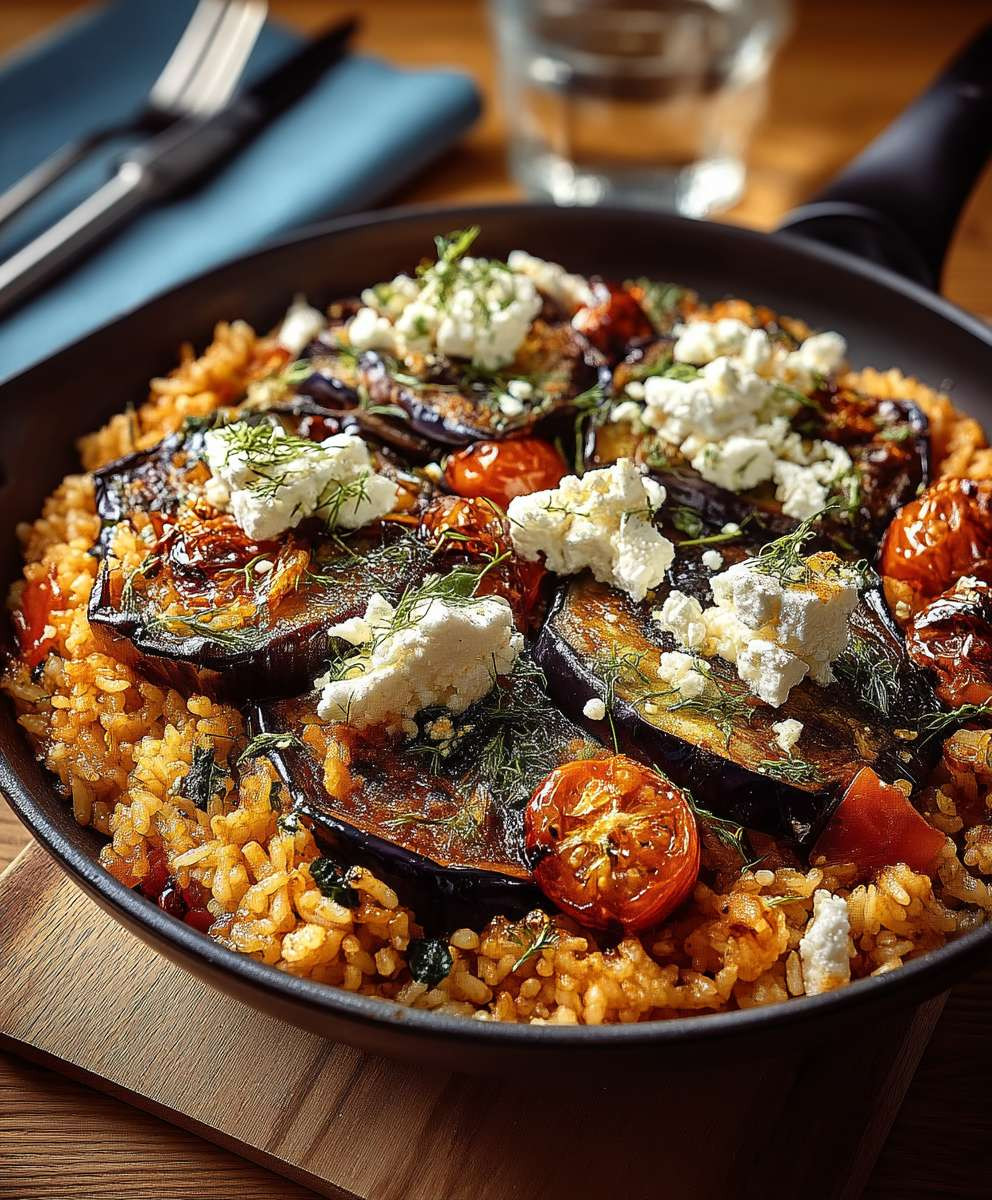Auberginen Reispfanne mit Feta
