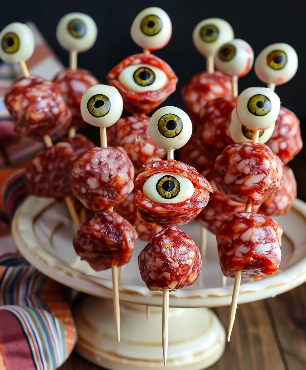Gruselige Halloween Rindersalami-Augen-Spieße: Lecker!