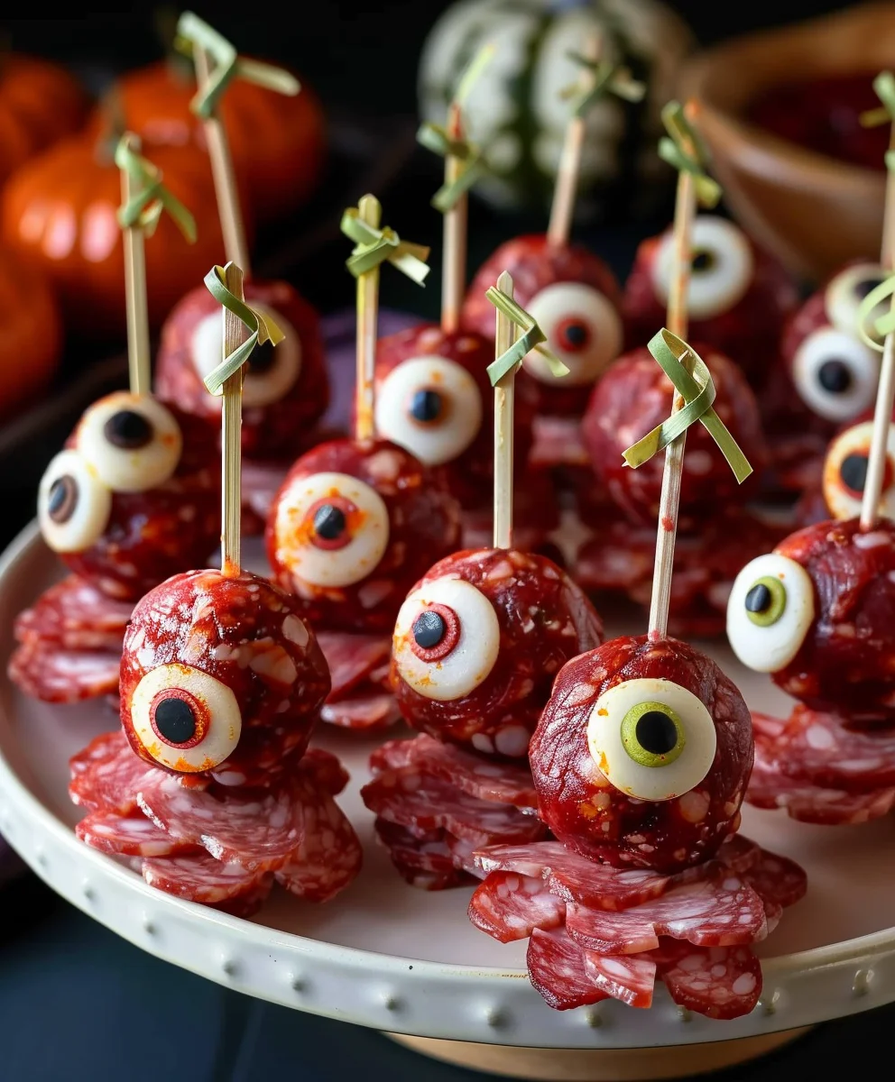 Gruselige Halloween Rindersalami-Augen-Spieße: Lecker!