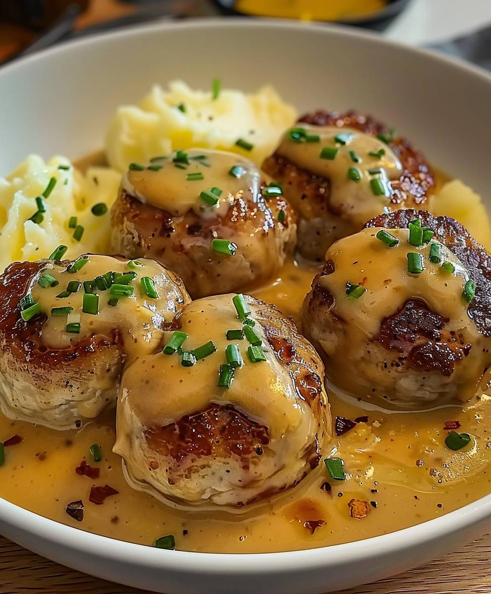 Hackbällchen cremiger Sauce Kartoffelpüree