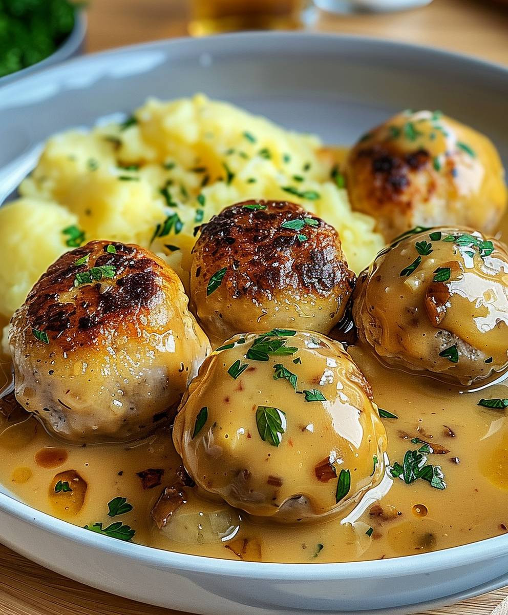 Hackbällchen cremiger Sauce Kartoffelpüree