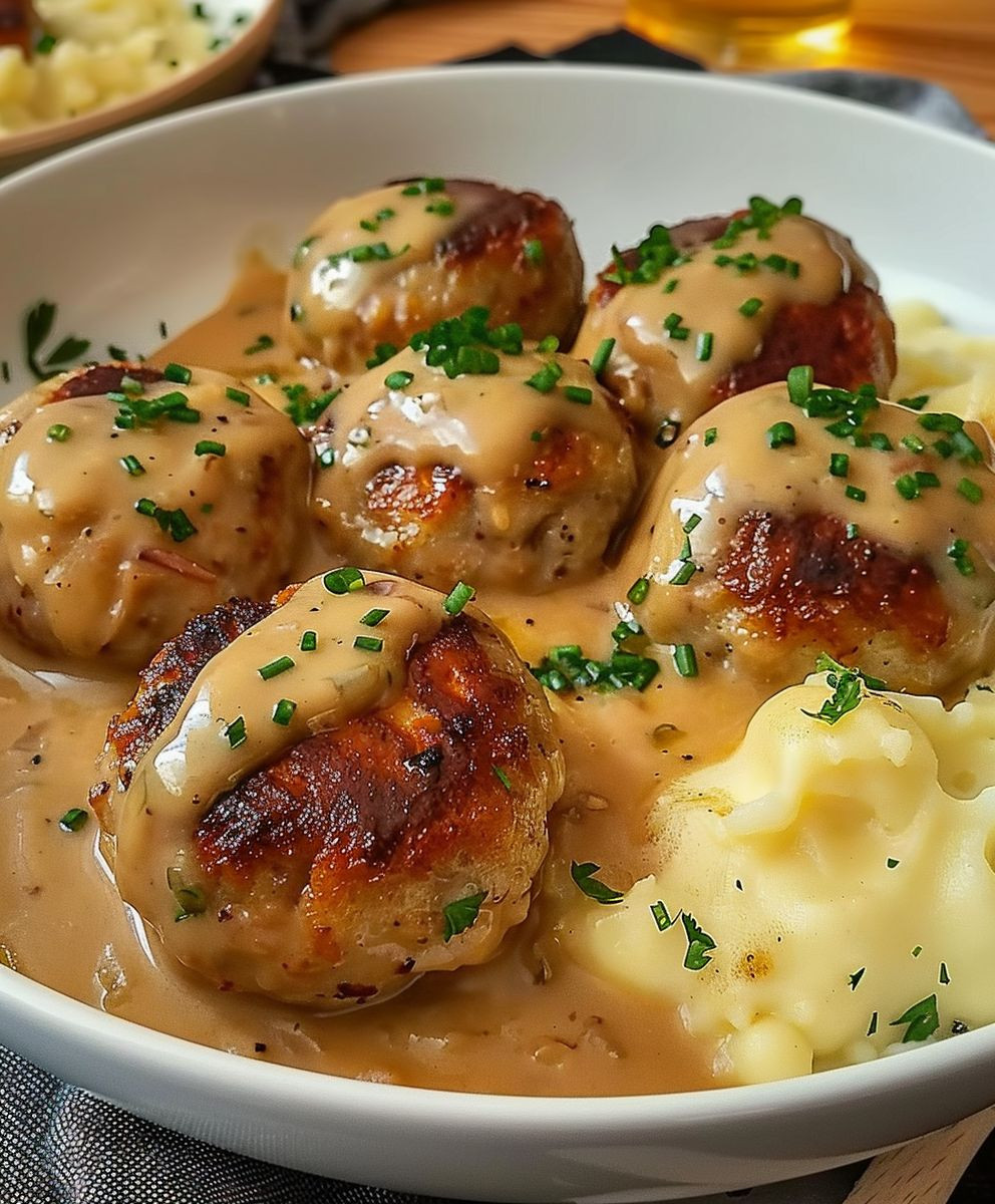 Hackbällchen cremiger Sauce Kartoffelpüree