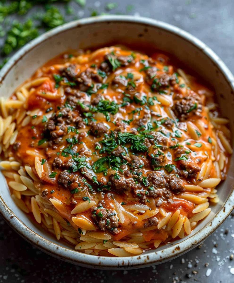 Rindfleisch Orzo Tomaten Sahnesoße