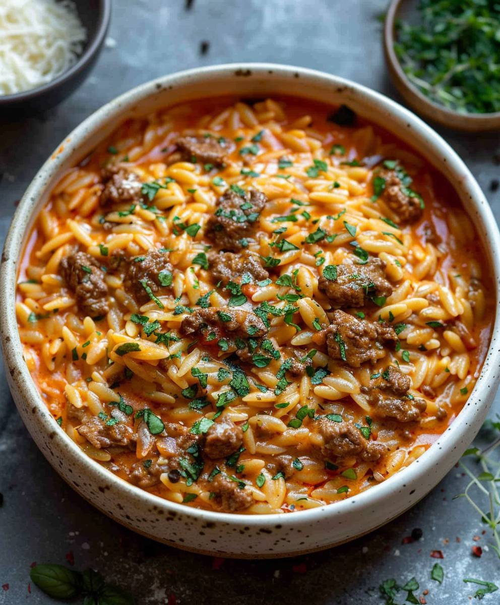 Rindfleisch Orzo Tomaten Sahnesoße