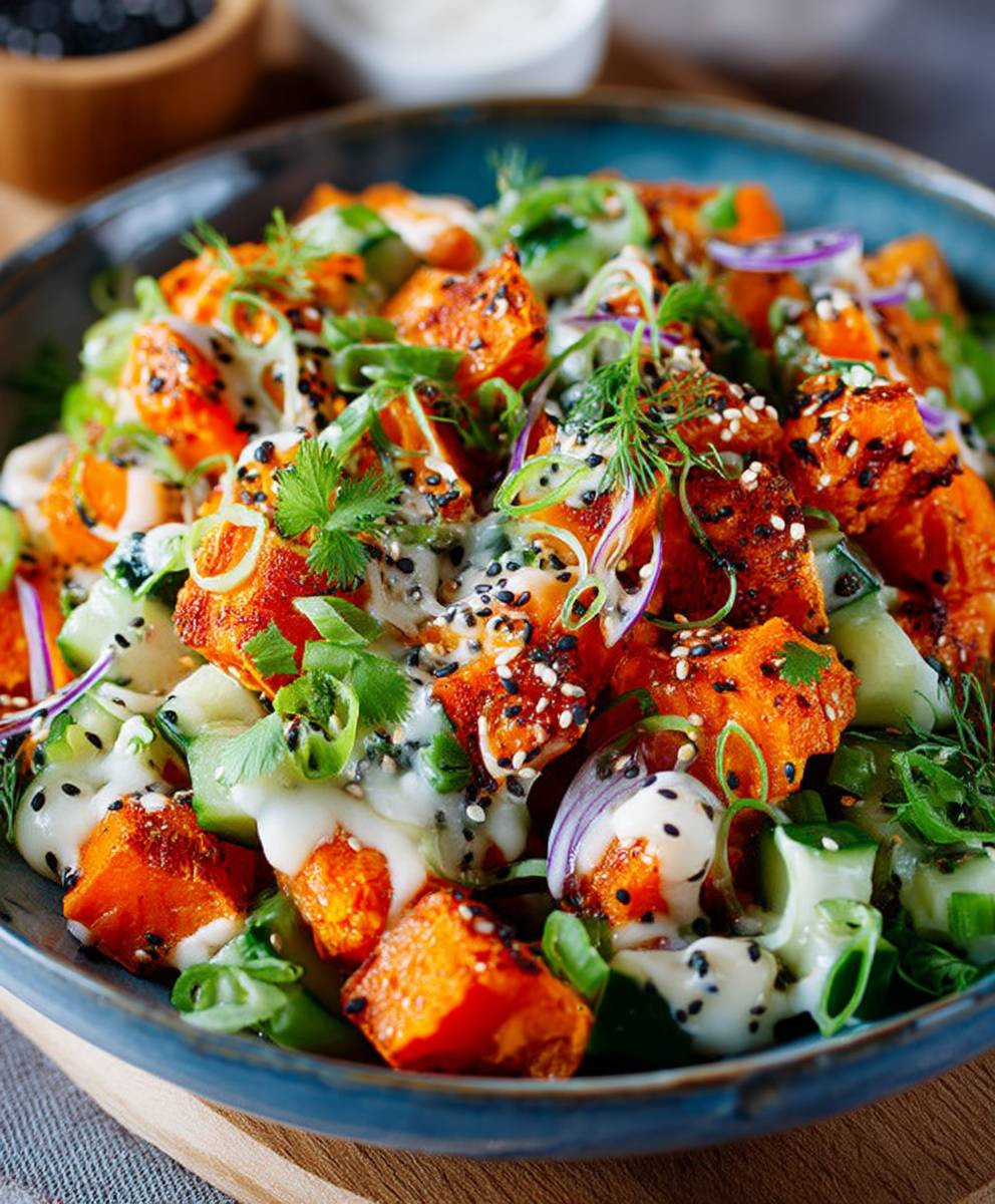 Süßkartoffel Gurkensalat Miso Dressing