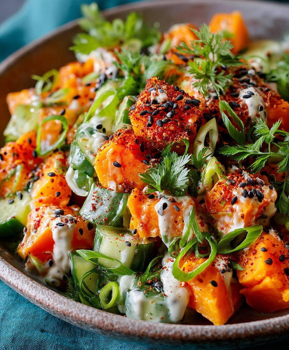 Süßkartoffel Gurkensalat Miso Dressing