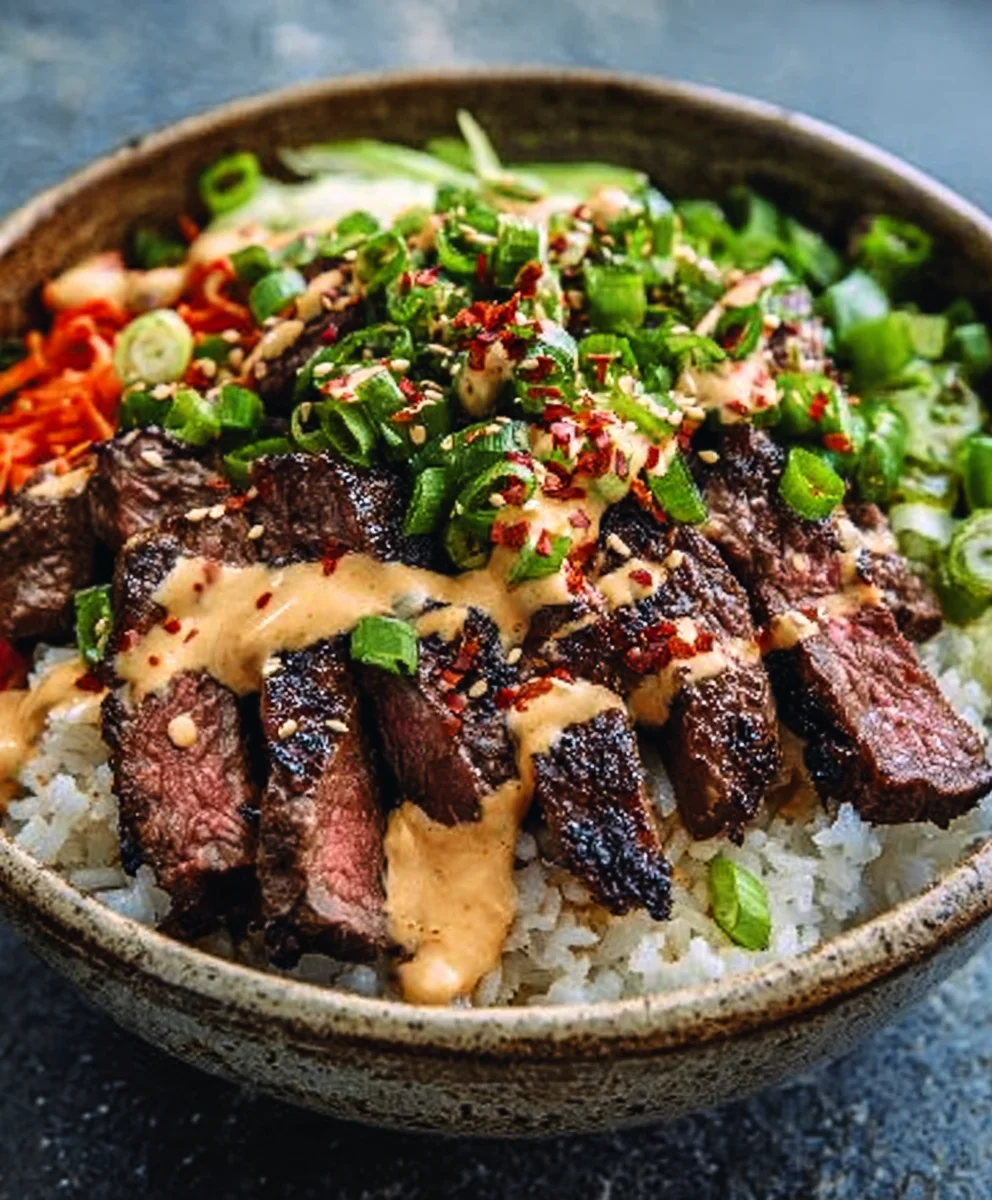 Korean BBQ Steak Reis Bowls mit scharfer Cream Sauce