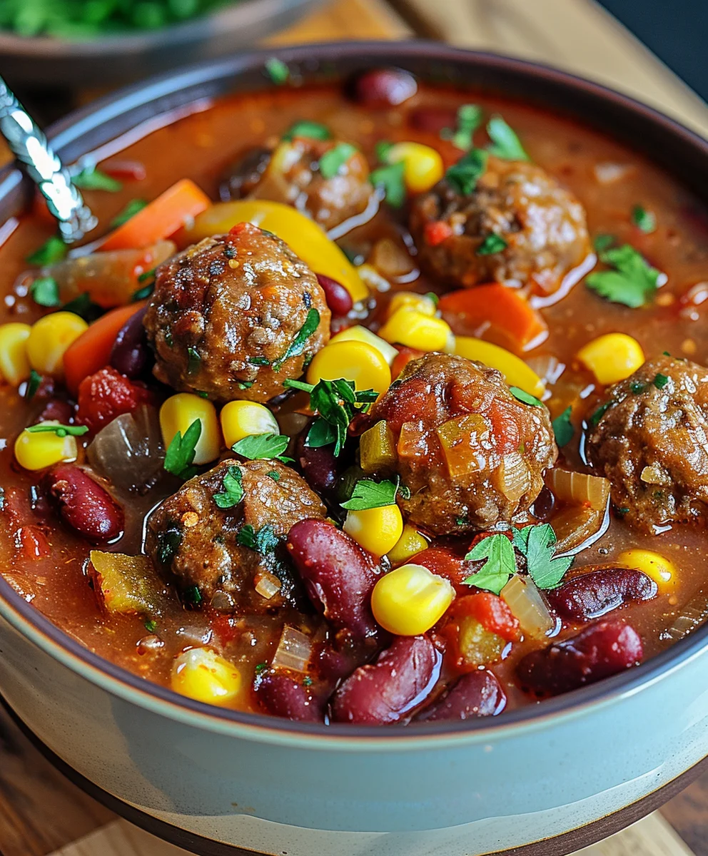 Herzhafter Hackbällchen Eintopf: Paprika, Mais & Bohnen