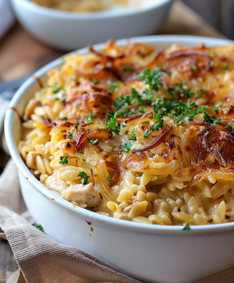 Französischer Zwiebel Hähnchen Orzo Auflauf
