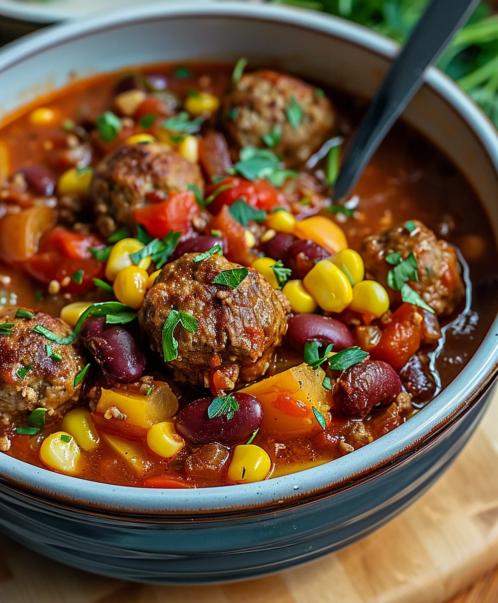 Herzhafter Hackbällchen Eintopf: Paprika, Mais & Bohnen
