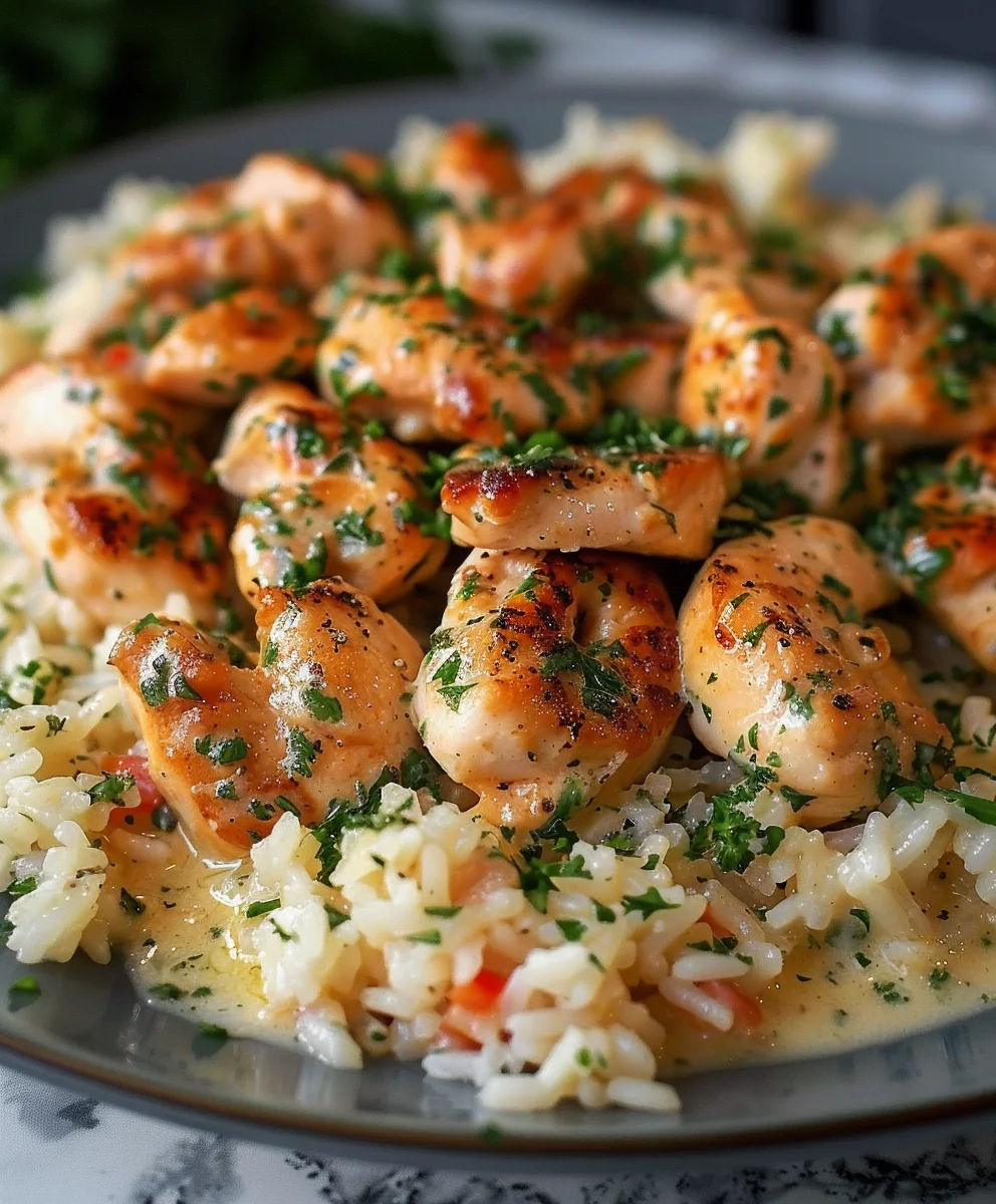 Knoblauch-Hähnchen Scampi mit cremigem Parmesan-Reis