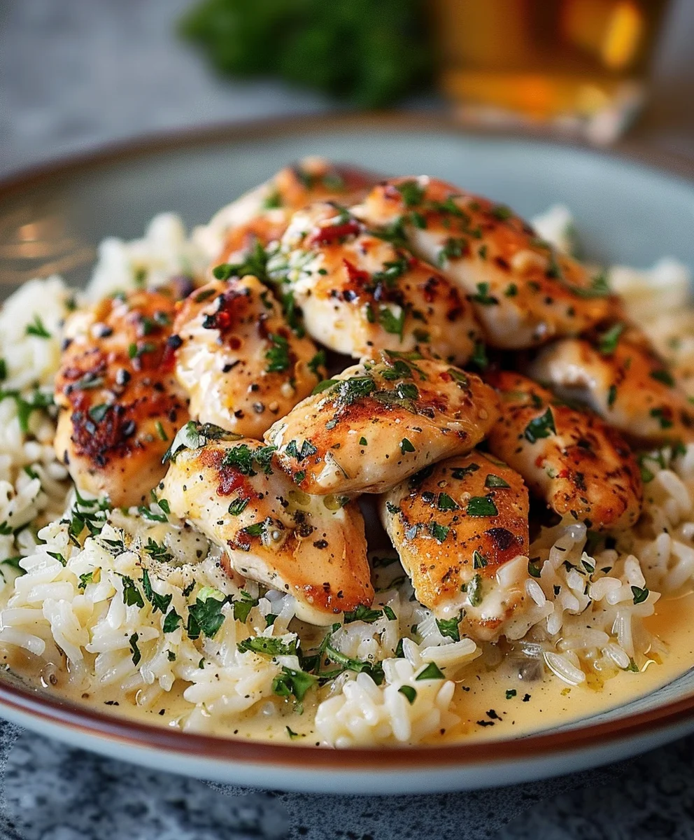 Knoblauch-Hähnchen Scampi mit cremigem Parmesan-Reis