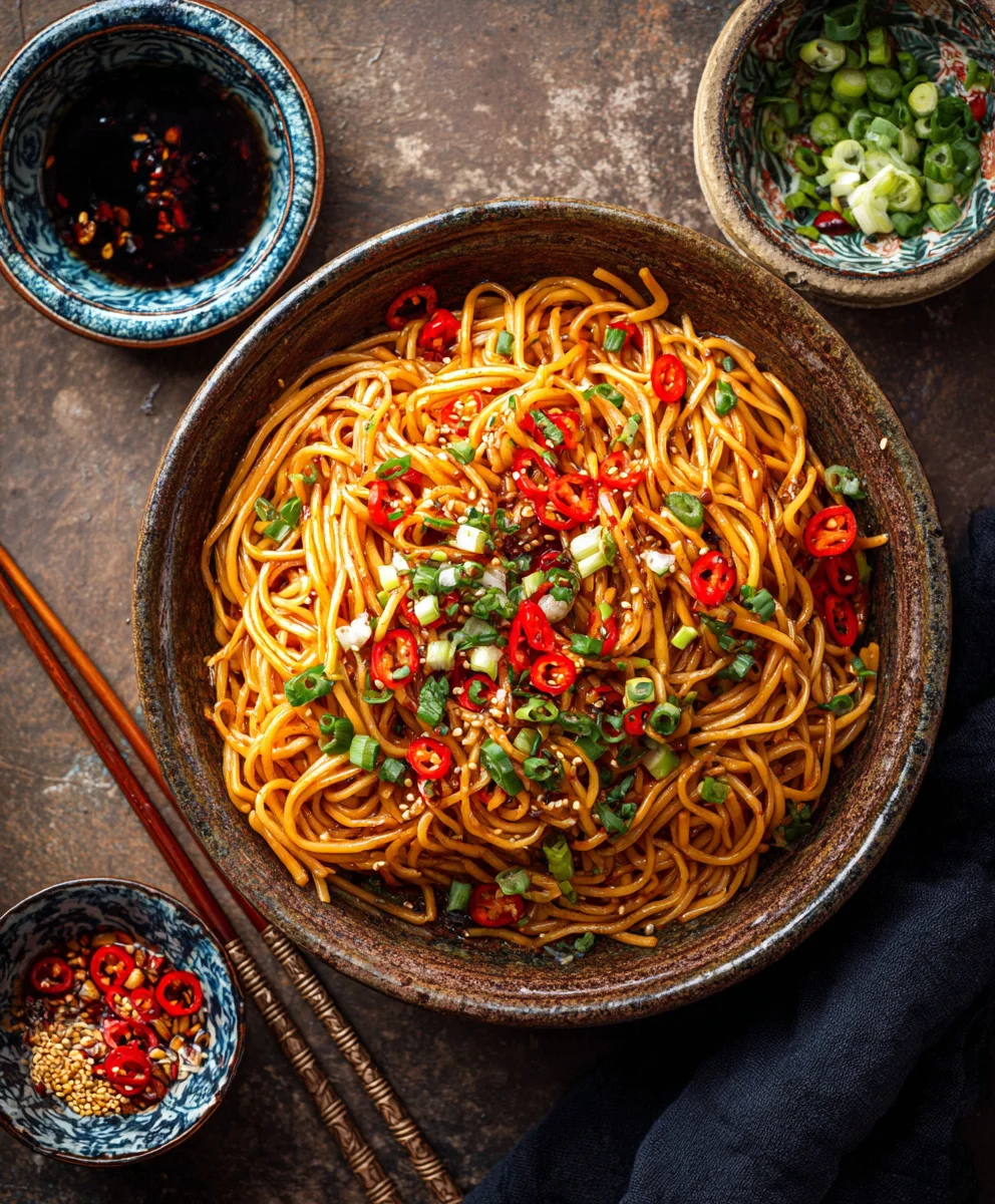 Aromatische Knoblauch-Chili-Nudeln mit Soja & Essig