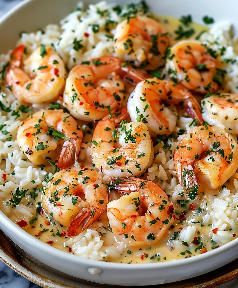 Einfache Cremige Knoblauchbutter Garnelen mit Reis