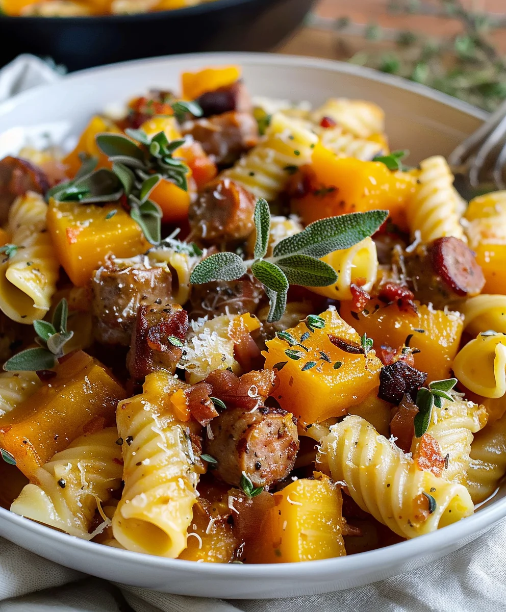 Cremige Herbst-Pasta mit Rinderwurst und Kürbis – Einfach