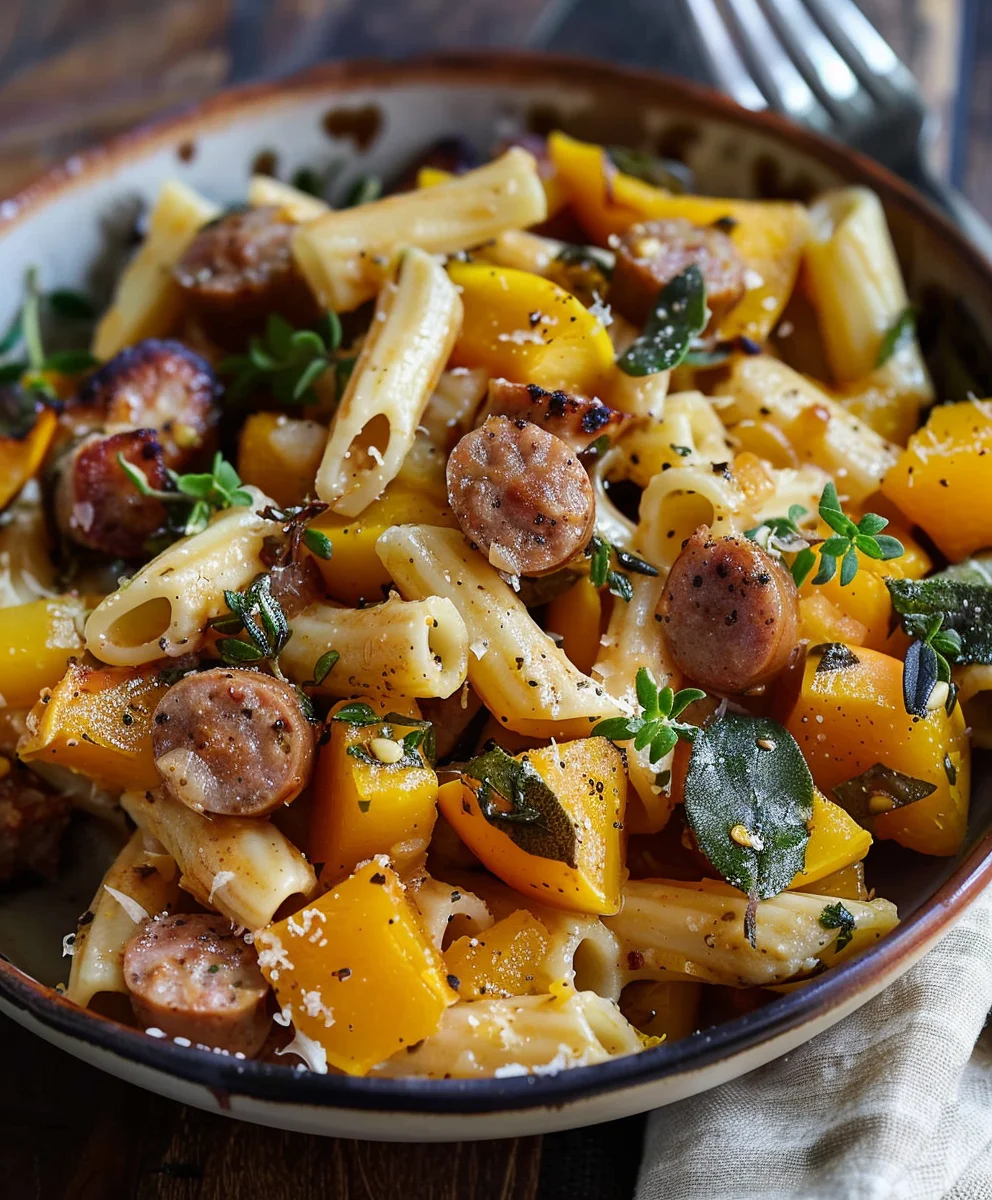 Cremige Herbst-Pasta mit Rinderwurst und Kürbis – Einfach