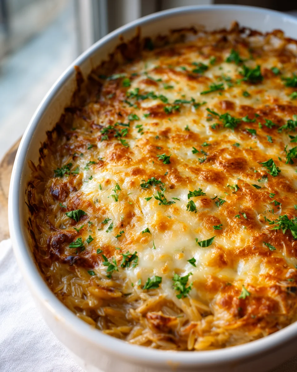 Französischer Zwiebel-Orzo-Auflauf: Dein cremiger Genuss!