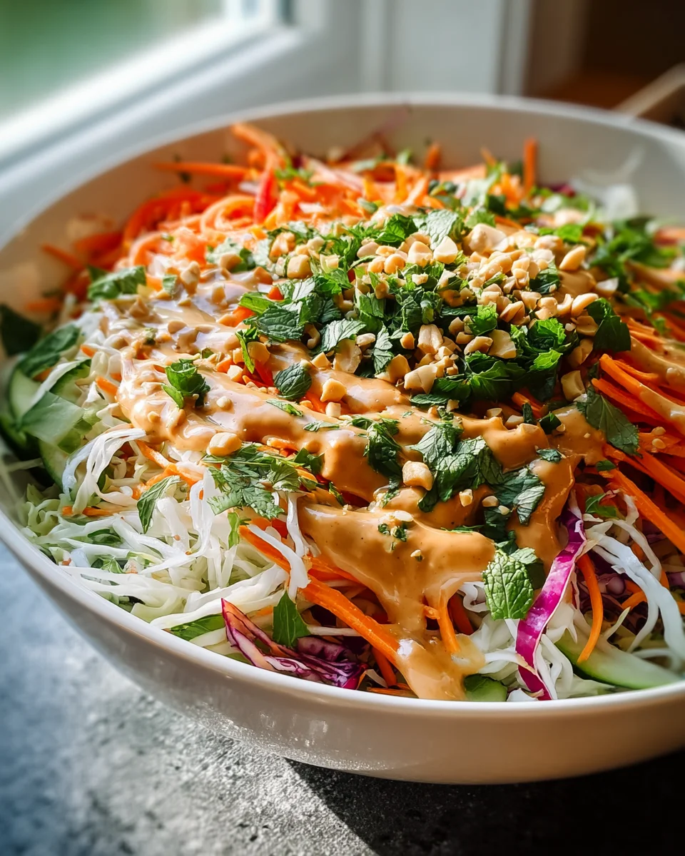 Leichter Frühlingsrollen Salat mit cremigem Erdnussdressing