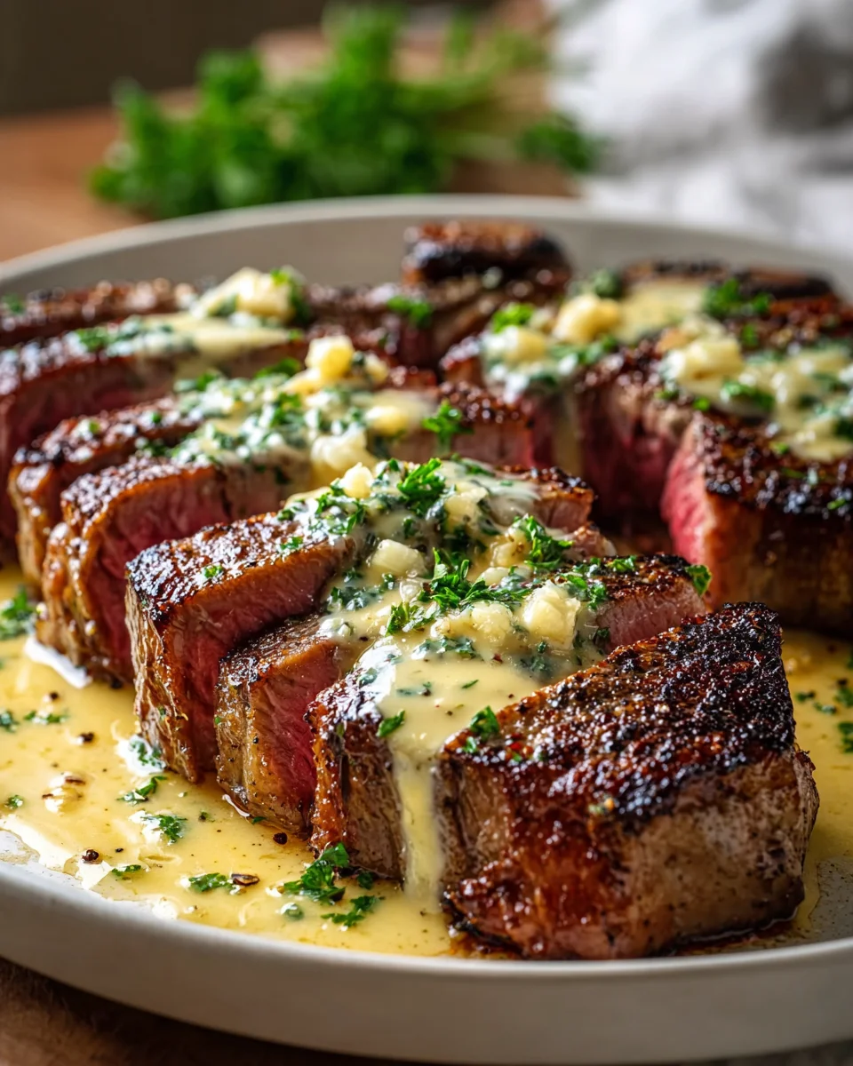 Knoblauchbutter-Steak mit Parmesan-Sahnesoße
