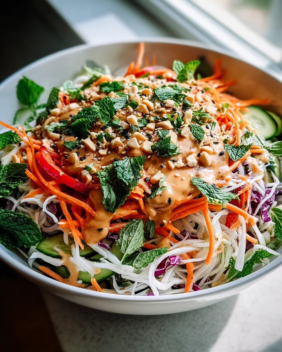Leichter Frühlingsrollen Salat mit cremigem Erdnussdressing