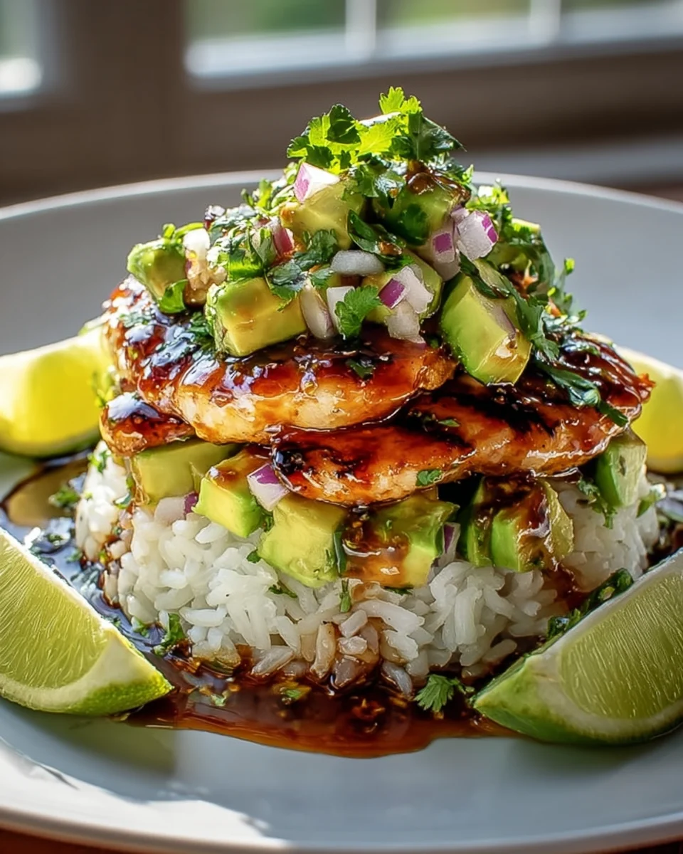 Süß-saurer Traum: Honig-Limette Hähnchen-Reis-Avocado-Stapel