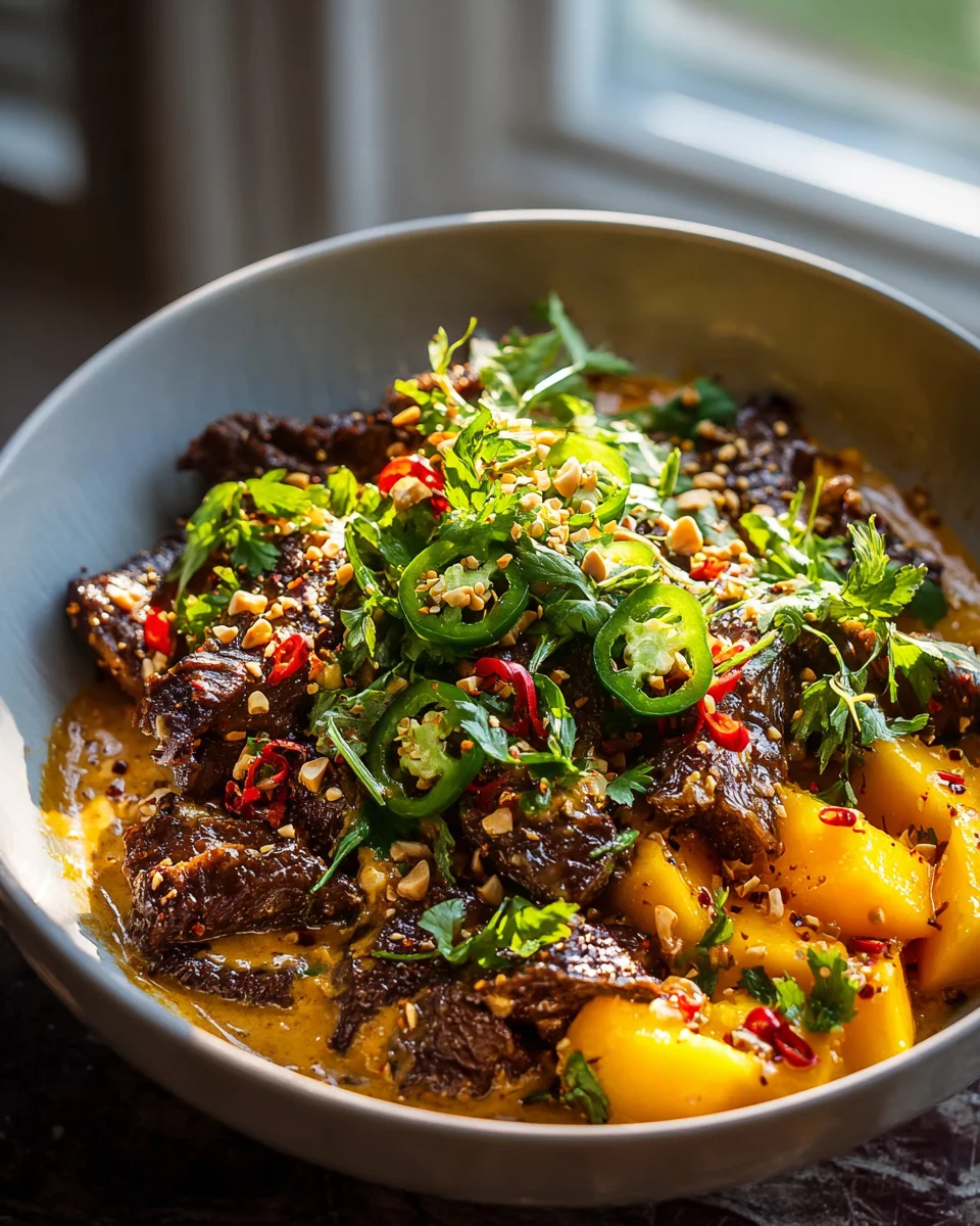 Cremige Erdnusssauce mit Rindfleisch, Pilzen & Mangosalsa