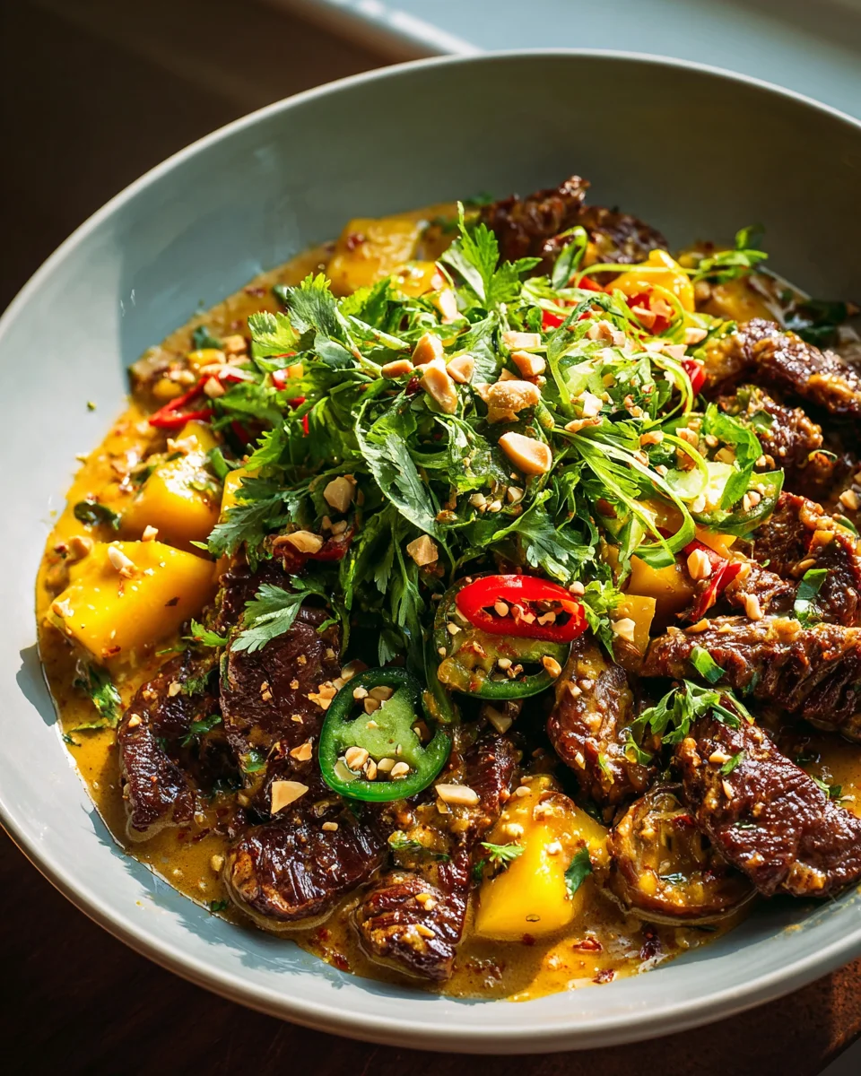 Cremige Erdnusssauce mit Rindfleisch, Pilzen & Mangosalsa