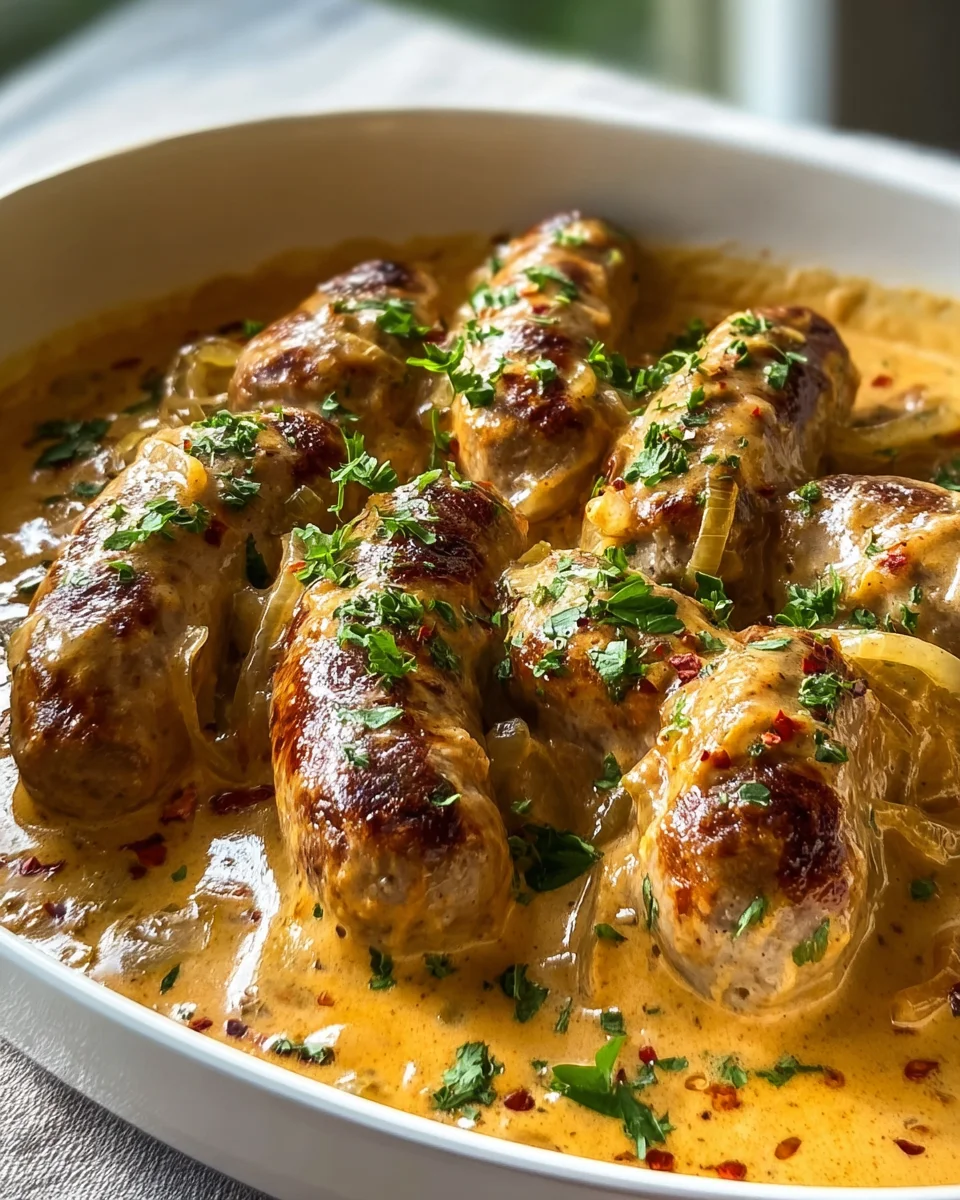 Herzhafte Bratwurst in Zwiebel-Curry-Sahnesauce genießen!