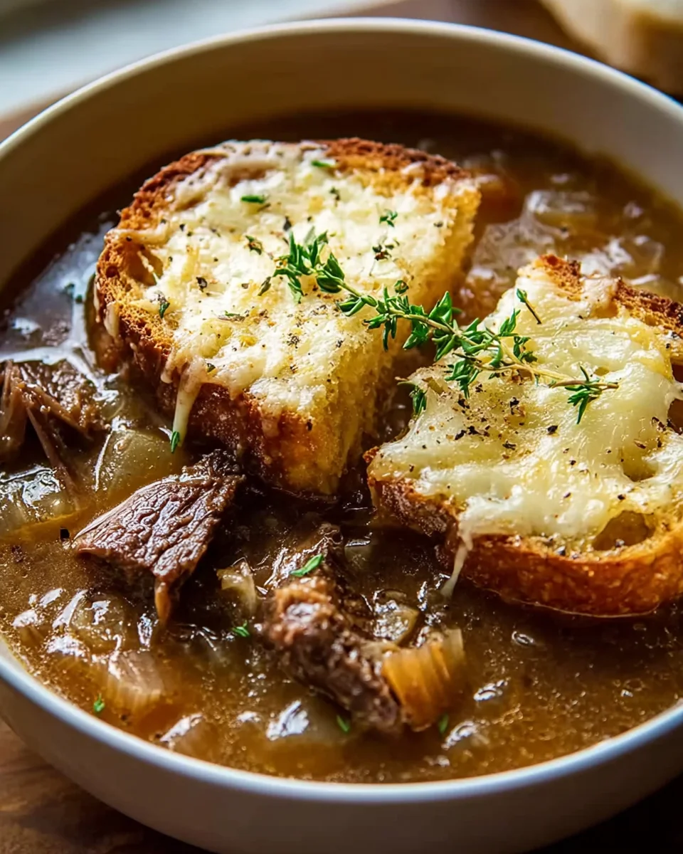 Französische Zwiebel-Rippchen-Suppe mit Gruyère-Toast