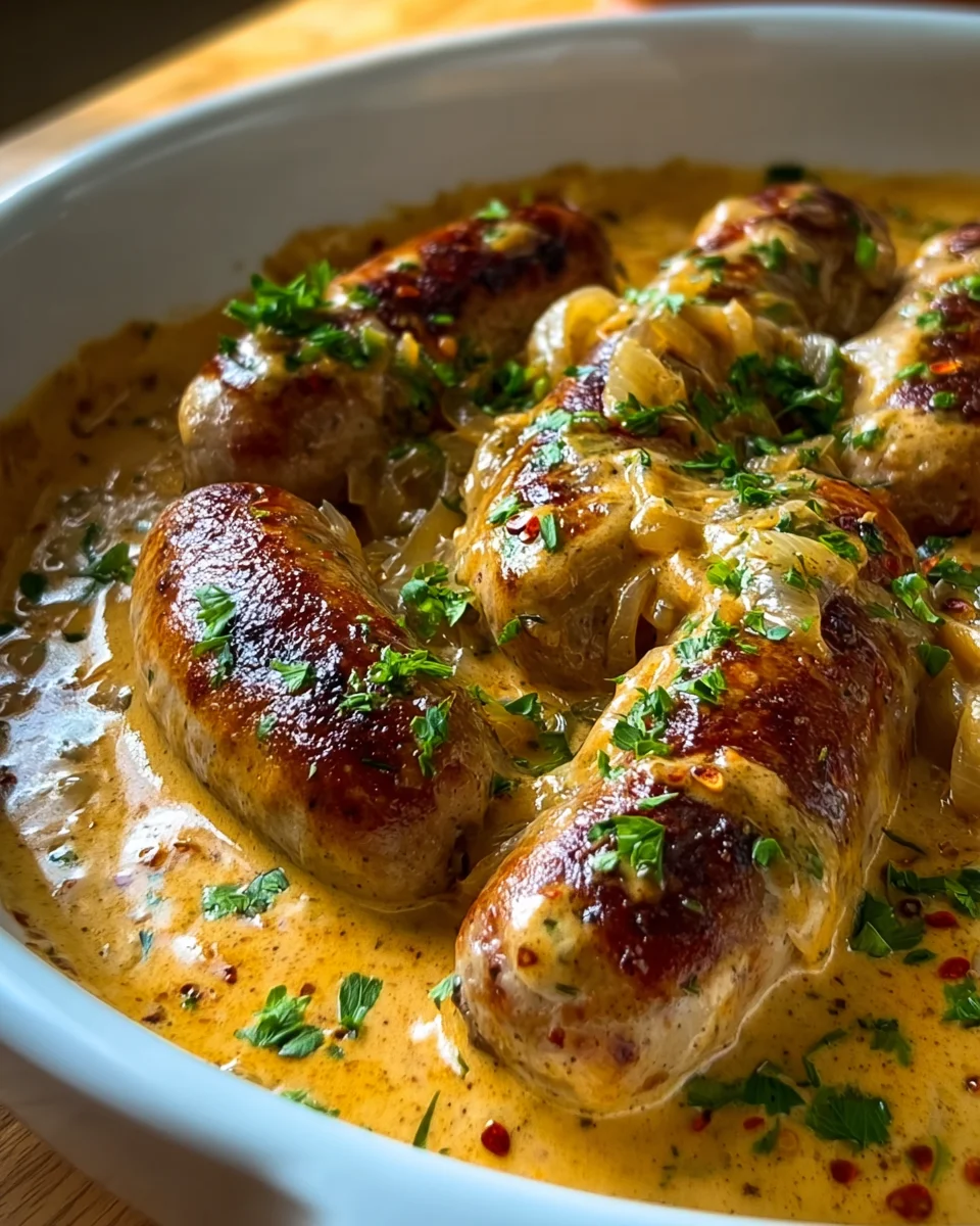 Herzhafte Bratwurst in Zwiebel-Curry-Sahnesauce genießen!