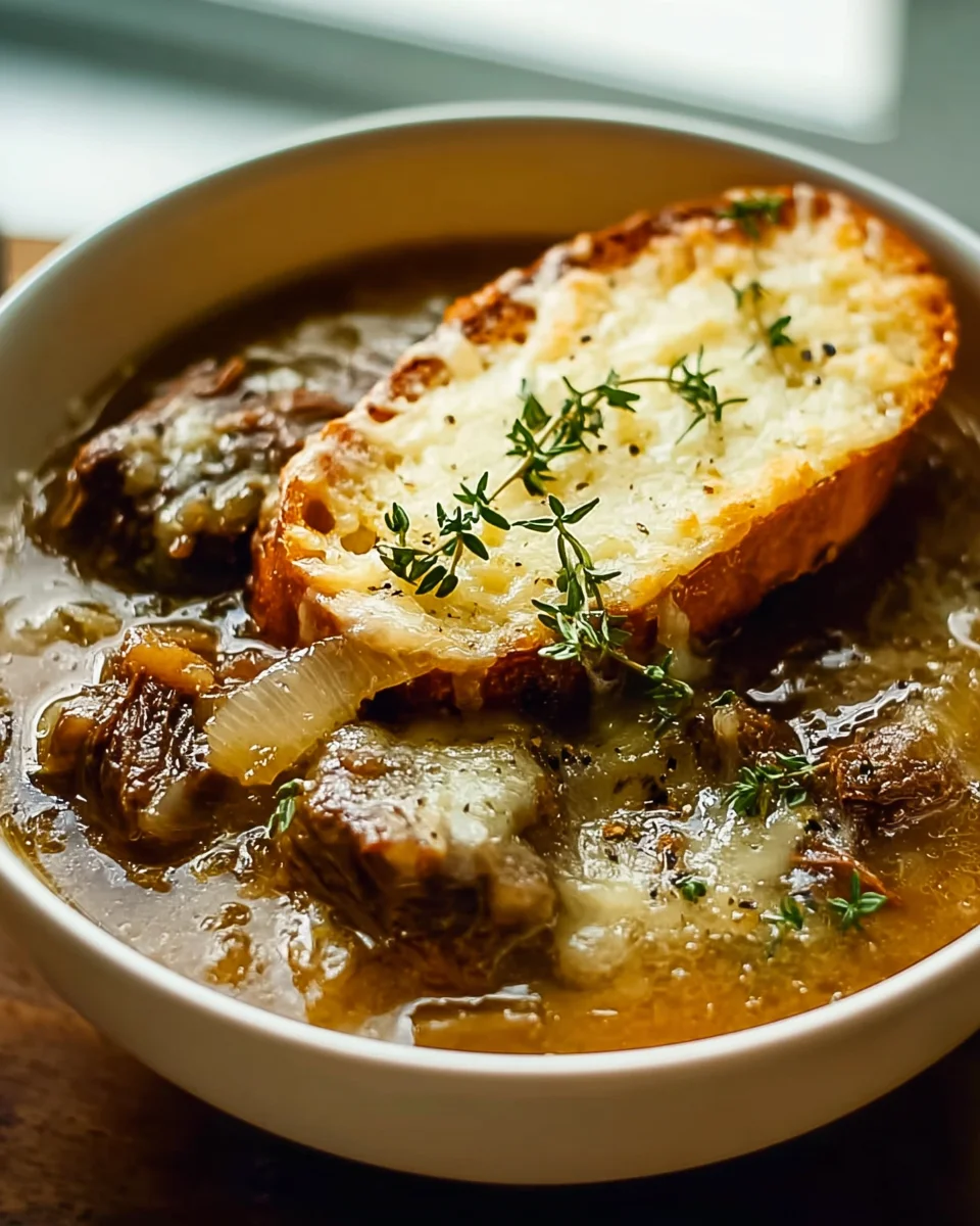 Französische Zwiebel-Rippchen-Suppe mit Gruyère-Toast